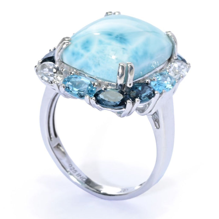 Gem Treasures Sterling Silver 16x12mm Larimar & Multi Topaz Halo Ring