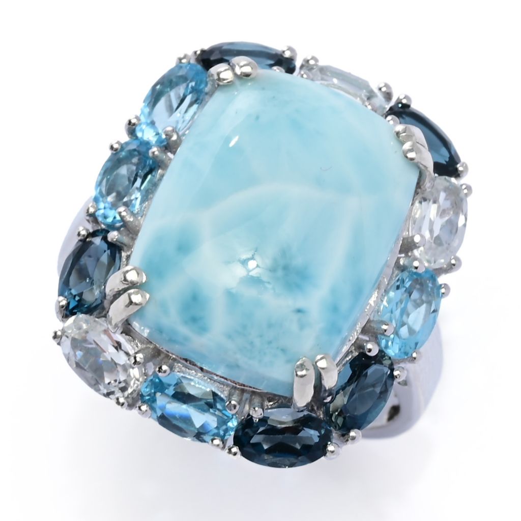 Gem Treasures Sterling Silver 16x12mm Larimar & Multi Topaz Halo Ring