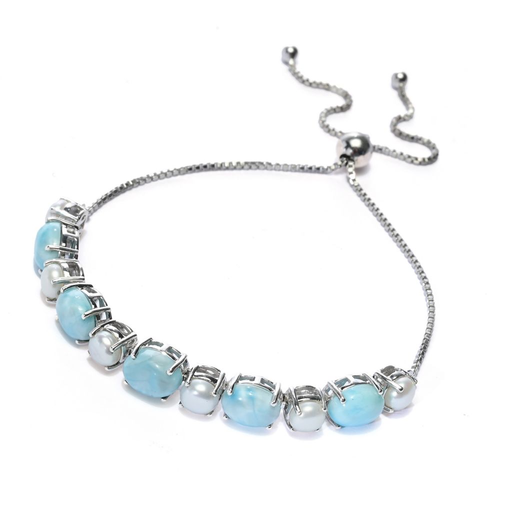 Gem Treasures Larimar & Cultured Pearl Adjustable Bolo Bracelet