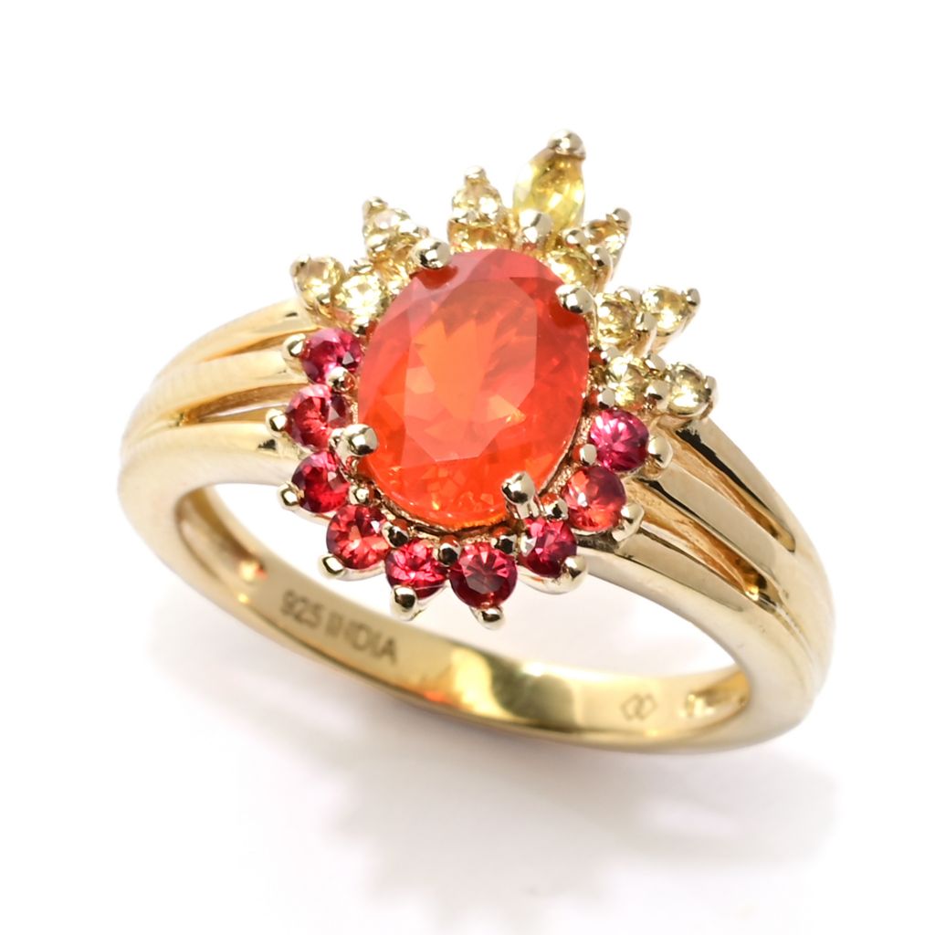 Gem Treasures 18K Vermeil 8x6mm Fire Opal & Multi Sapphire Halo Ring