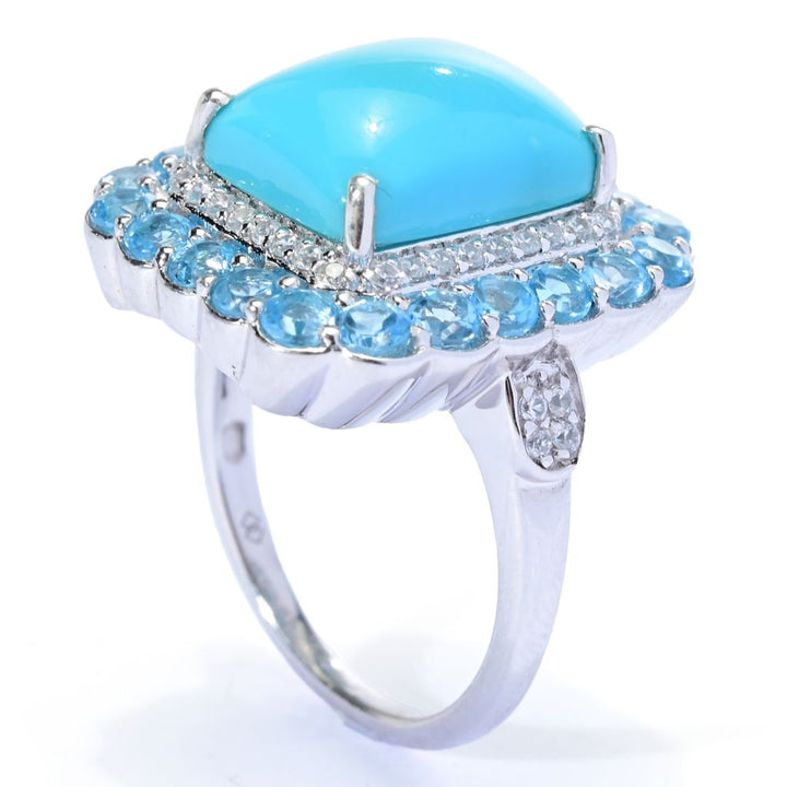 Gem Treasures Sleeping Beauty Turquoise, Blue Topaz & Zircon Halo Ring