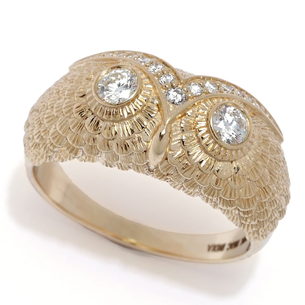 Beverly Hills Elegance 14K Gold 0.31ctw Diamond Owl Ring, 7.6 grams