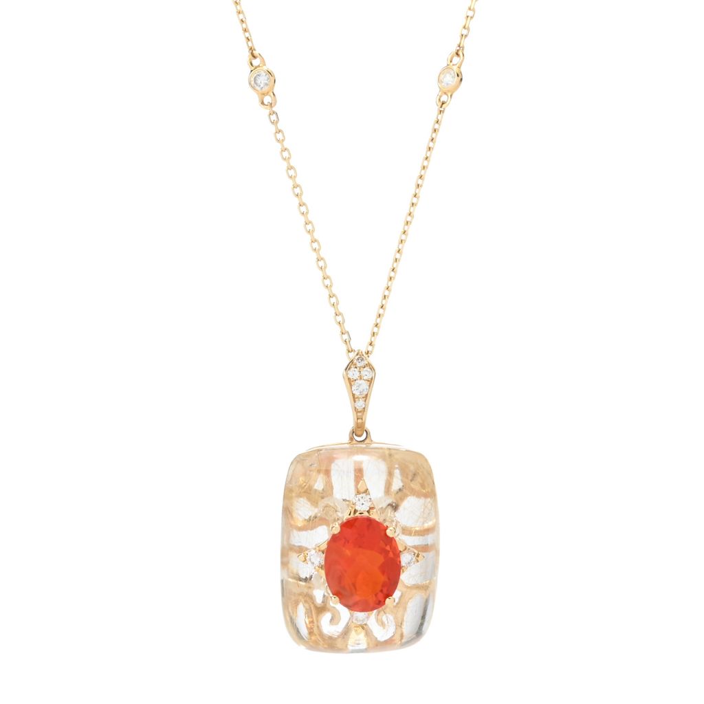 CIRARI 14K Gold 9x7mm Fire Opal, Rutilated Quartz & Diamond Pendant w/ Chain