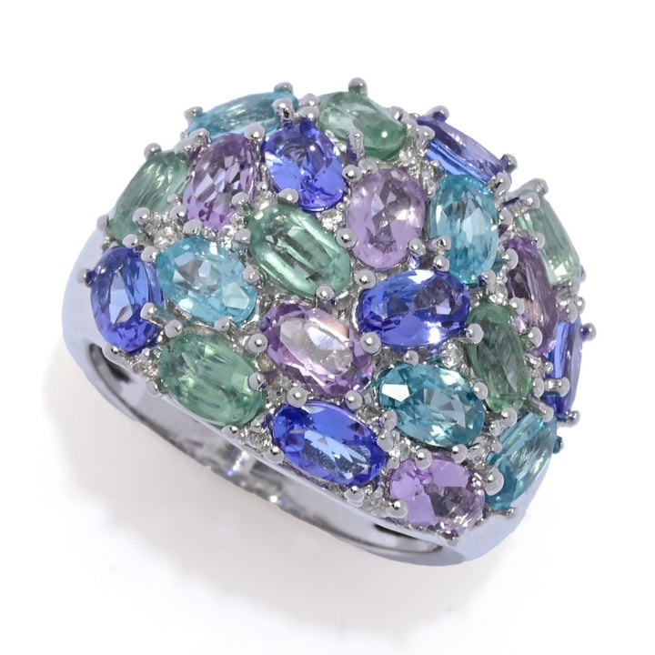 Platinum Plated "Shades of Spring" 6.43ctw Multi Gemstone Cluster Ring