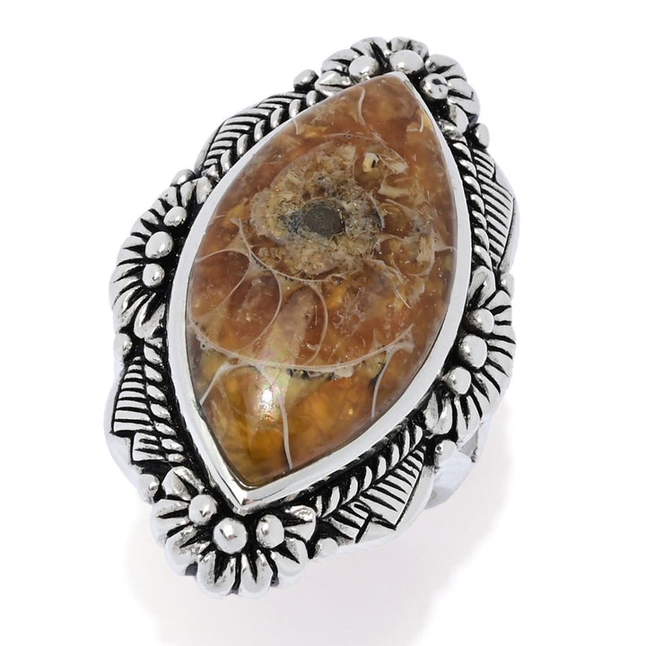 Southwest Elements Sterling Silver 24x12mm Marquise Shape Ammonite Shell Ring