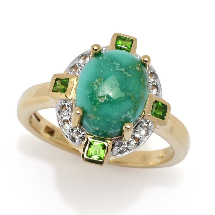 Gem Treasures 10x8mm Sonoran Gold Turquoise & Multi Gemstone Halo Ring