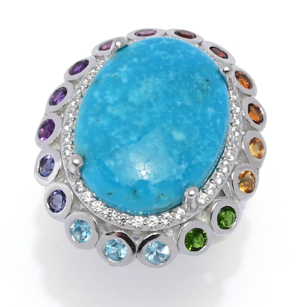 Gem Treasures 20x15mm Kingman Turquoise & Multi Gemstone Halo Ring