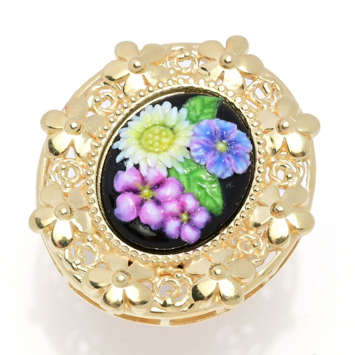 Graziella 23K Gold Plated Painted Floral Carved Resin Flower Ring