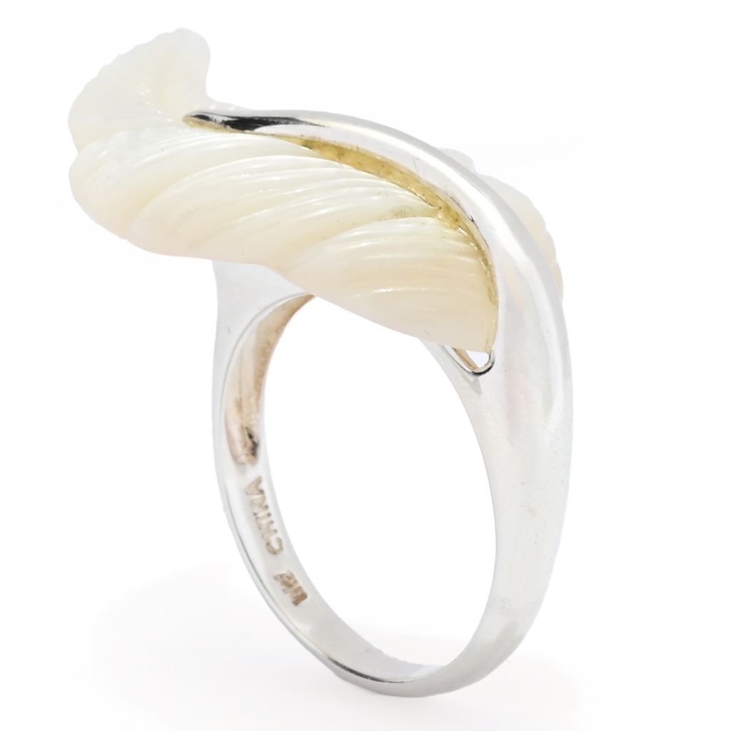 Far East Jewelry Sterling Silver 28x16mm Carved Mother-of-Pearl Feather Ring