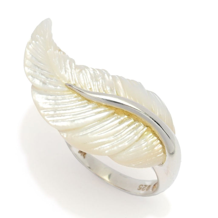 Far East Jewelry Sterling Silver 28x16mm Carved Mother-of-Pearl Feather Ring