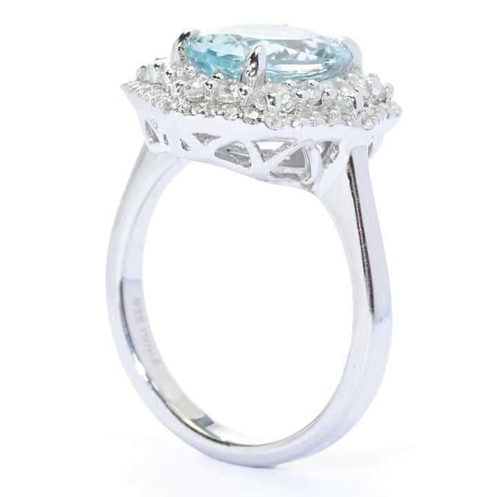 Gem Treasures Sterling Silver 3.30ctw Aquamarine & Zircon Halo Ring