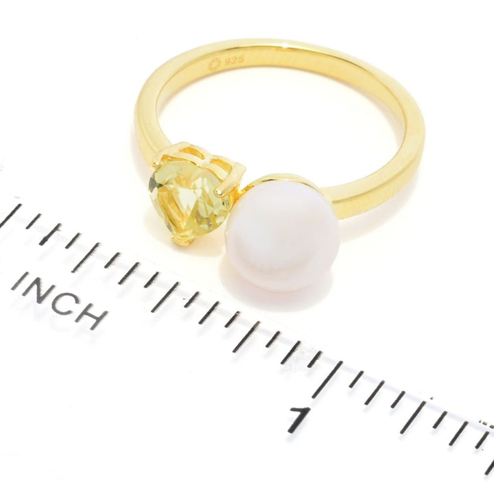 18K Gold Plated "Hollywood" Cultured Pearl & Heart Shape Gem "Toi et Moi" Ring