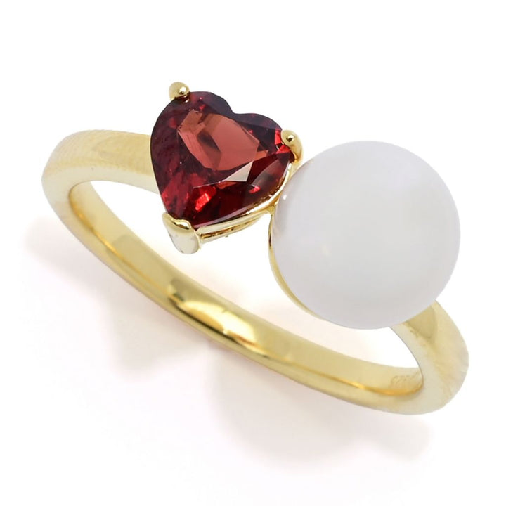 18K Gold Plated "Hollywood" Cultured Pearl & Heart Shape Gem "Toi et Moi" Ring
