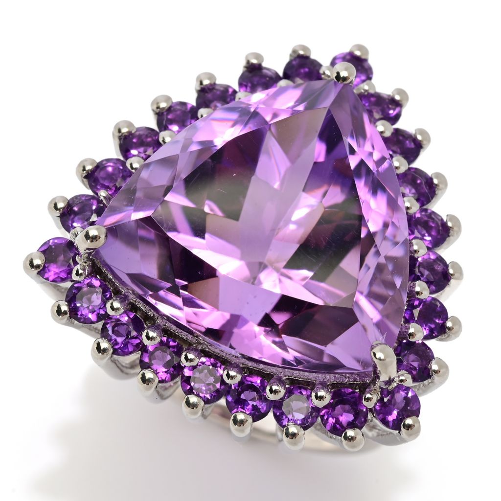 Platinum Plated "Hollywood" 17.92ctw Trillion Shape Brazilian Amethyst Halo Ring