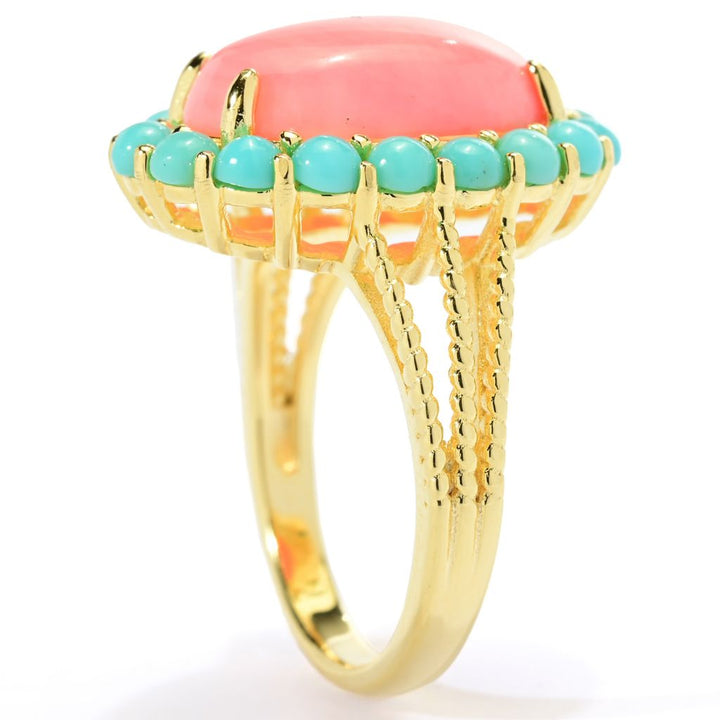 Elemental Gems 18K Gold Plated Salmon Coral & Campitos Turquoise Ring