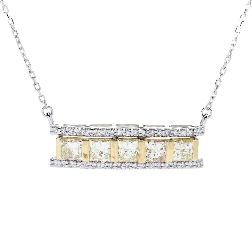 Diamond Treasures 14K Two-tone Gold 1.74ctw Princess Cut Yellow & White Diamond Bar Necklace