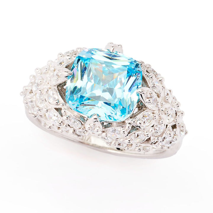 Brilliante Platinum Plated 4.32 DEW Simulated Aquamarine & Diamond Ring