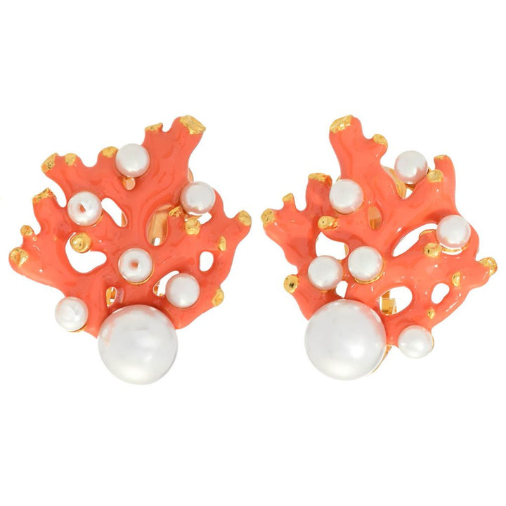 Kenneth Jay Lane 22K Gold Plated Simulated Pearl Coral Reef Clip On Button Earrings