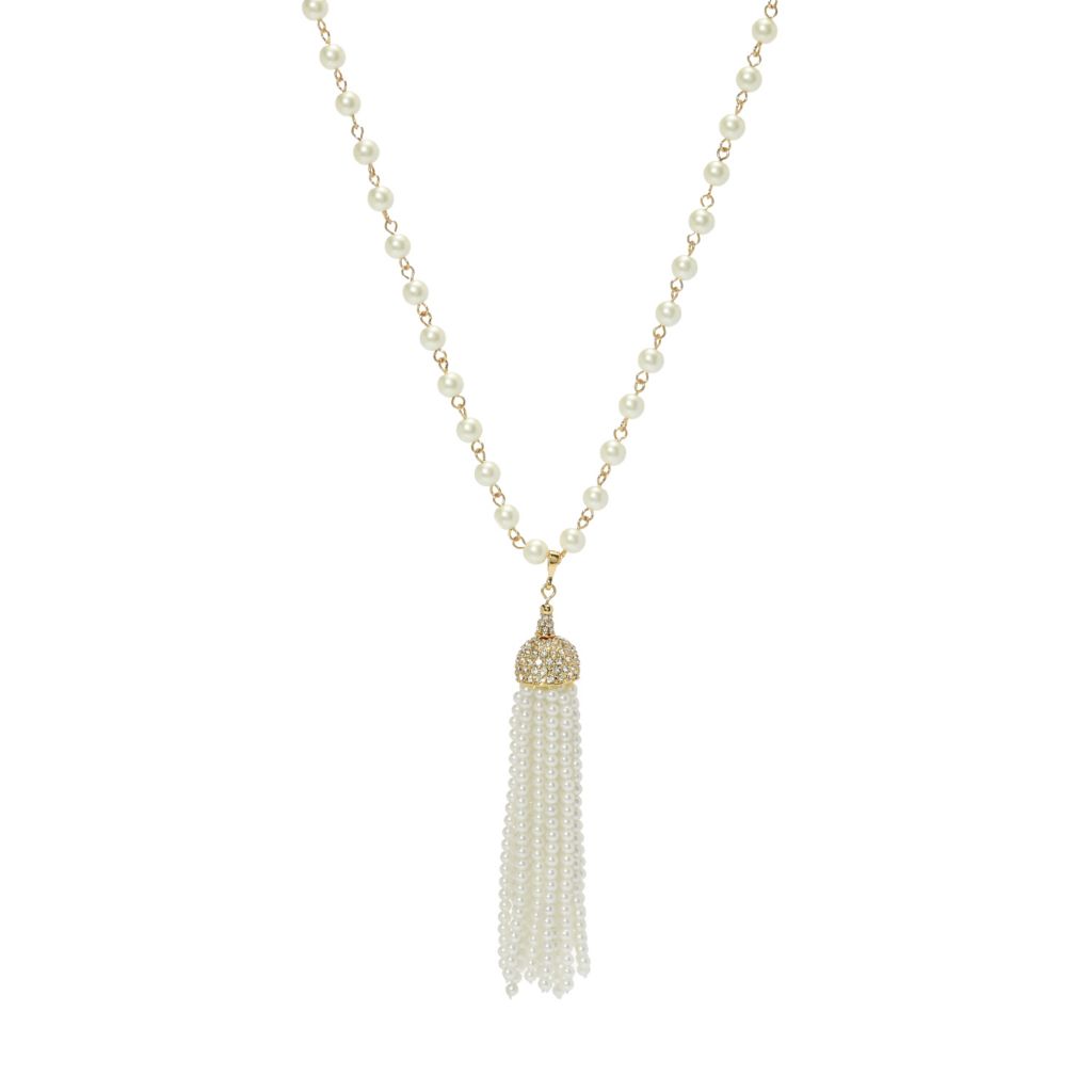 Kenneth Jay Lane Gold Plated Simulated Pearl Tassel 32" Necklace