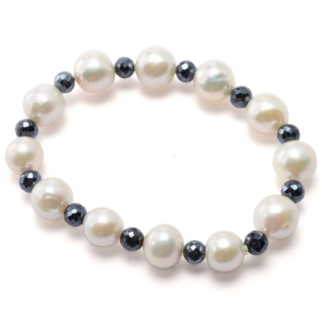 Far East Jewelry Baroque Freshwater Cultured Pearl & Black Spinel Stretch Bracelet