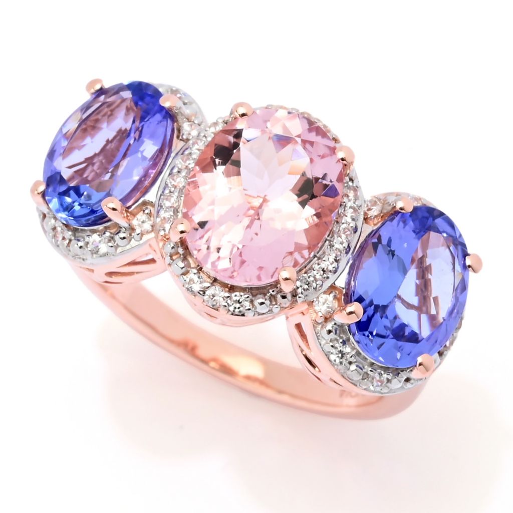 Gem Treasures 18K Rose Vermeil 4.73ctw 3-stone Morganite & Tanzanite Ring
