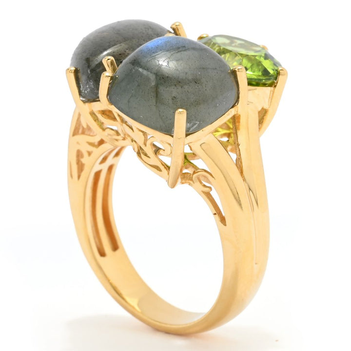 MUSE 18K Vermeil Labradorite & Peridot Multi Shape 3-Stone Cluster Ring