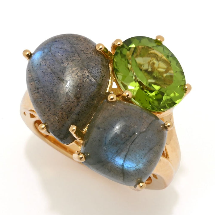 MUSE 18K Vermeil Labradorite & Peridot Multi Shape 3-Stone Cluster Ring