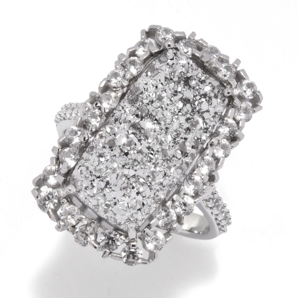 MUSE Sterling Silver 18x9mm Drusy & White Zircon Elongated Ring