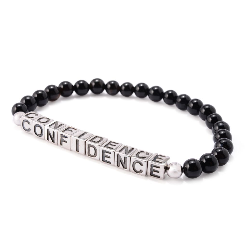 MUSE Platinum Plated Choice of Mantra Black Onyx Bead Stretch Bracelet