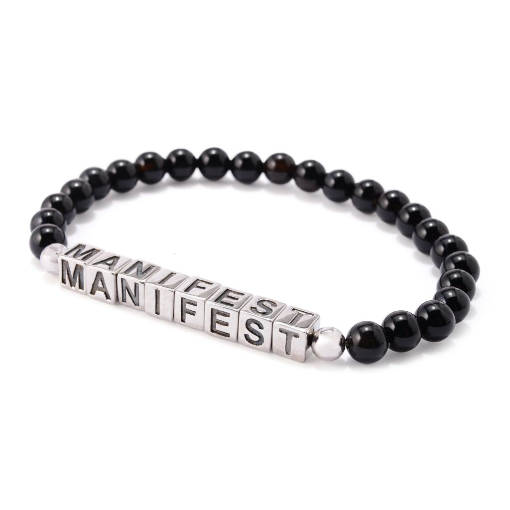 MUSE Platinum Plated Choice of Mantra Black Onyx Bead Stretch Bracelet