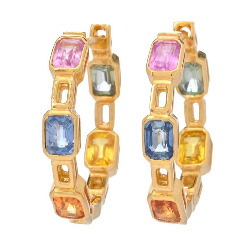 18K Gold Plated 3.00ctw Octagon Multi Sapphire Hoop Earrings