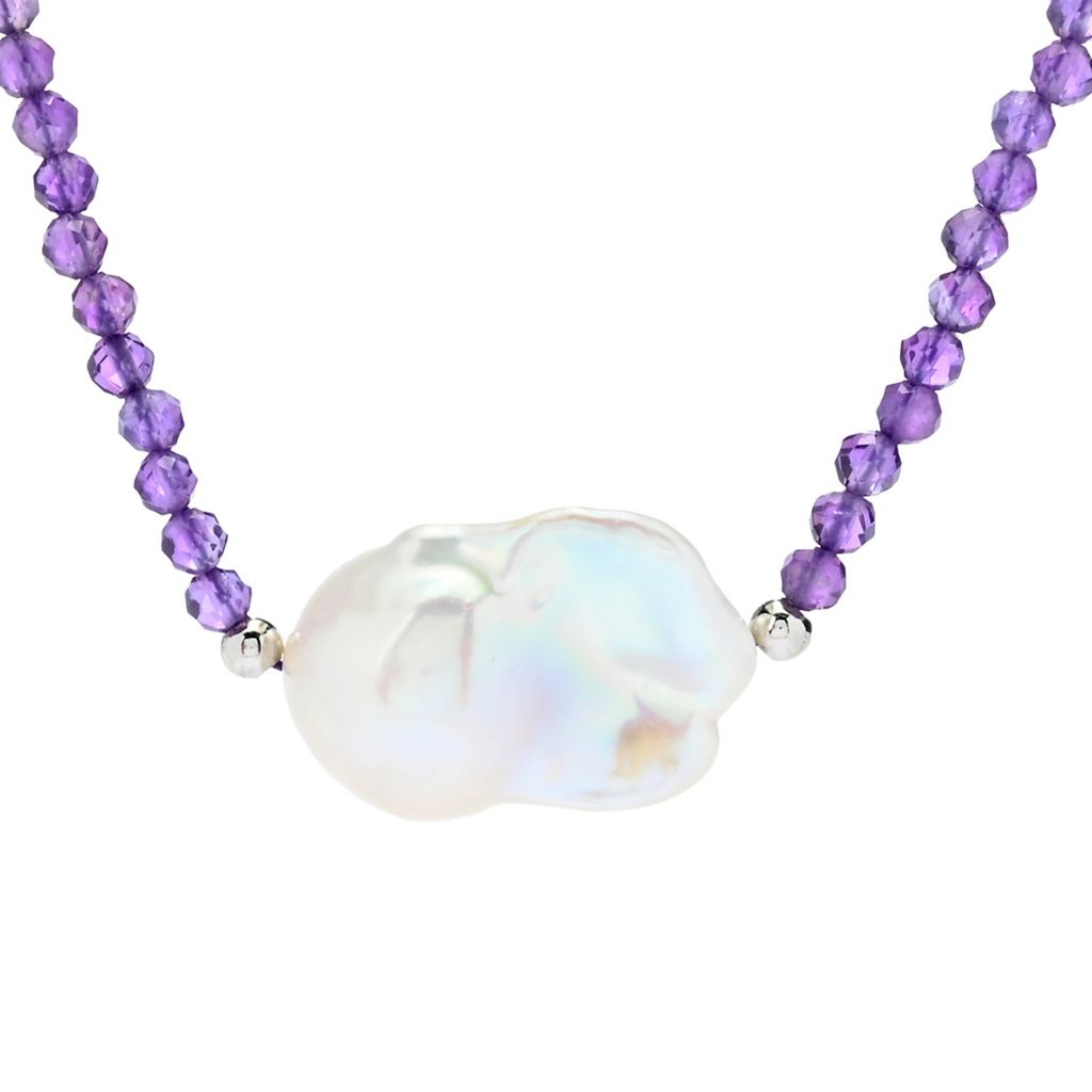 Platinum Plated 20x15mm Baroque Cultured Pearl & Gem Faceted Bead Necklace