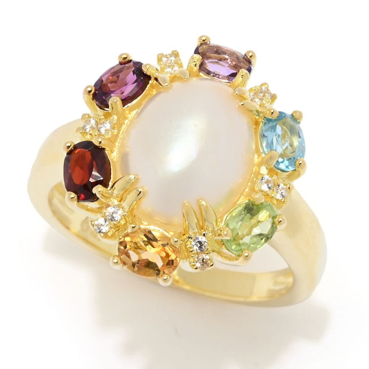 18K Gold Plated 10x8mm Oval Cultured Mabe Pearl & Multi Gemstone Ring