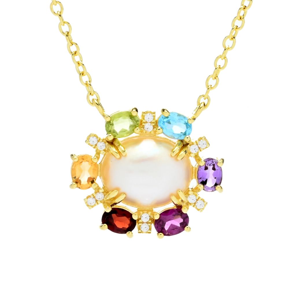 18K Gold Plated 10x8mm Oval Cultured Mabe Pearl & Multi Gem Necklace