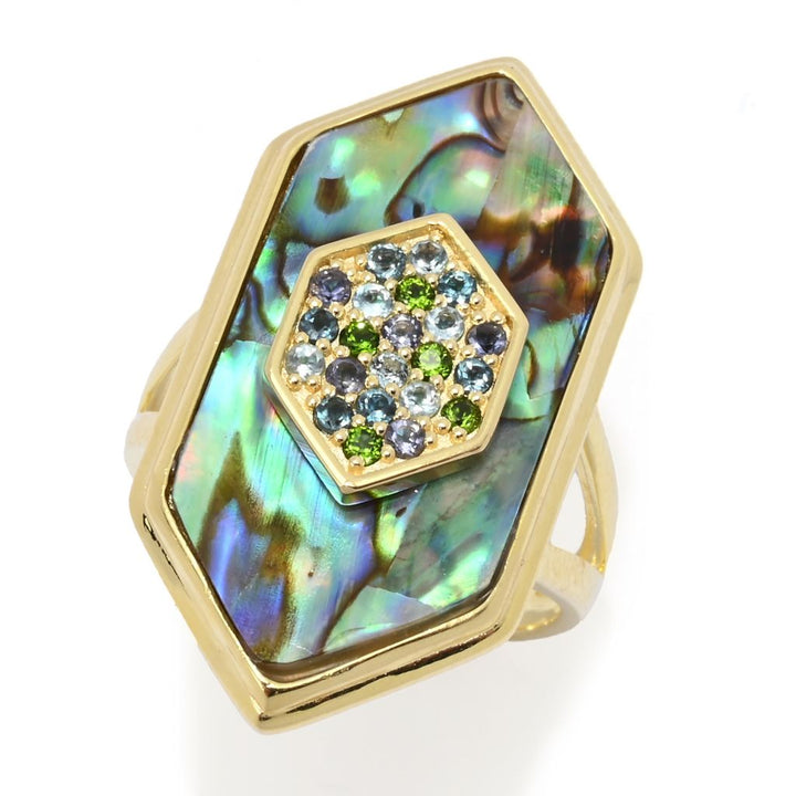 Claire Vessot Designs Fancy Cut Abalone & Multi-Gem Hexagon Shape Ring