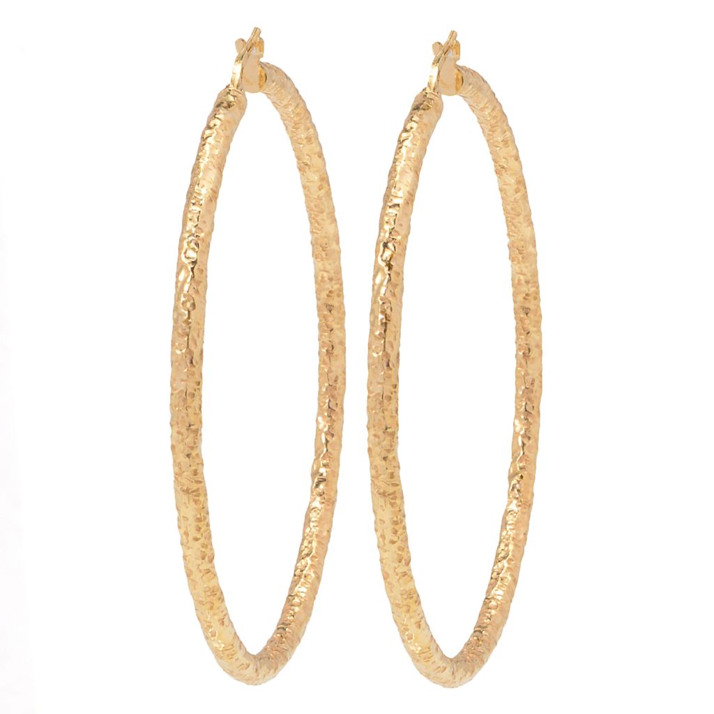 Verona Gioielli 18K Gold Plated Tubing Hammered 2.5" Hoop Earrings
