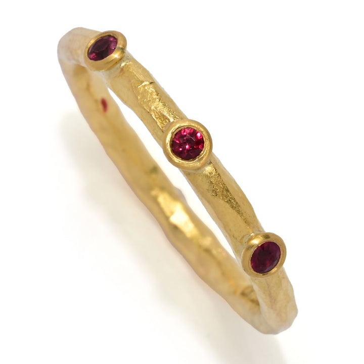 Cevherun 24K Gold Hammered Choice of Precious Gemstone 3-Stone Band Ring