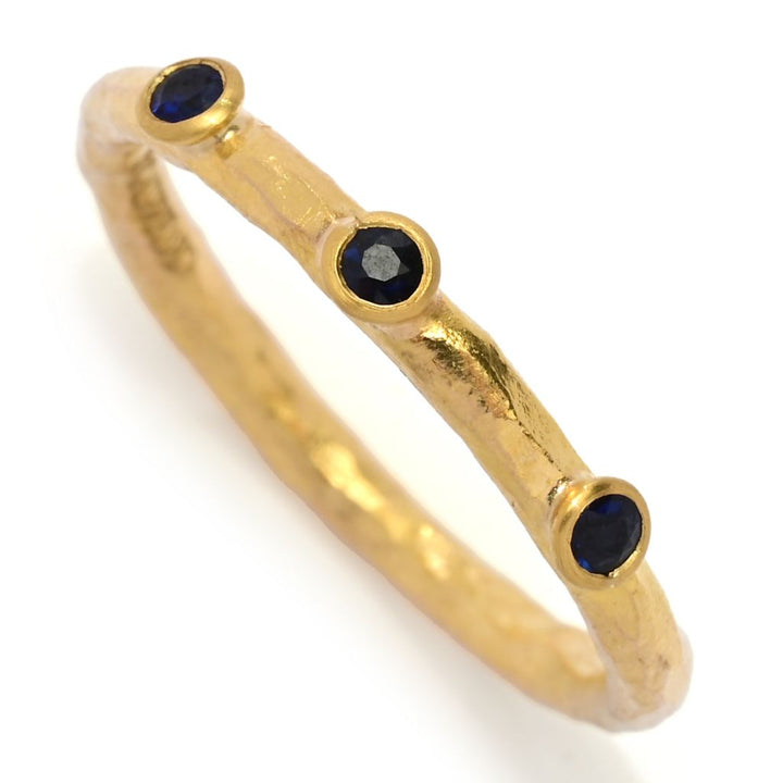 Cevherun 24K Gold Hammered Choice of Precious Gemstone 3-Stone Band Ring