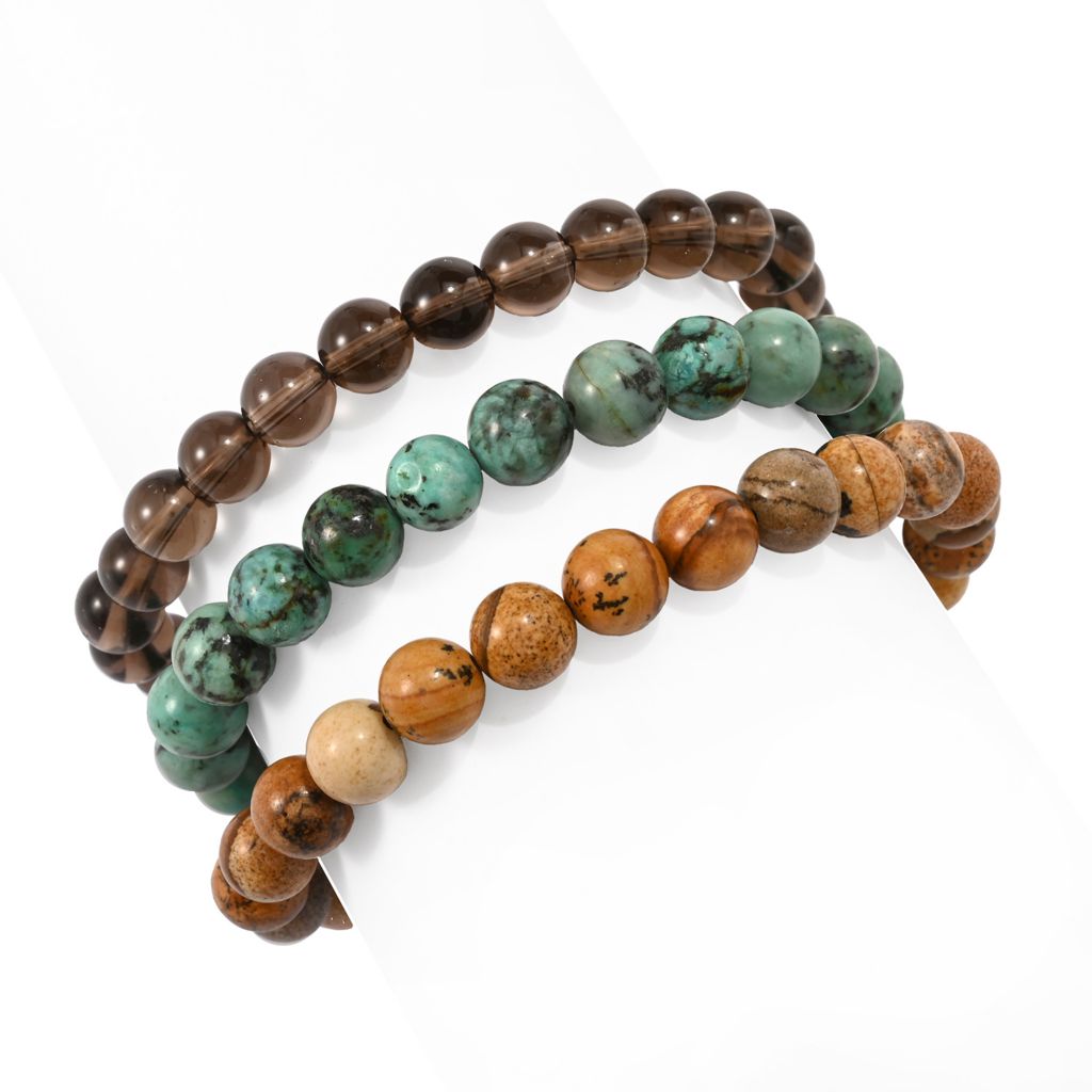 Set of 3 Hand Strung 8mm Gemstone Bead Stretch Bracelets