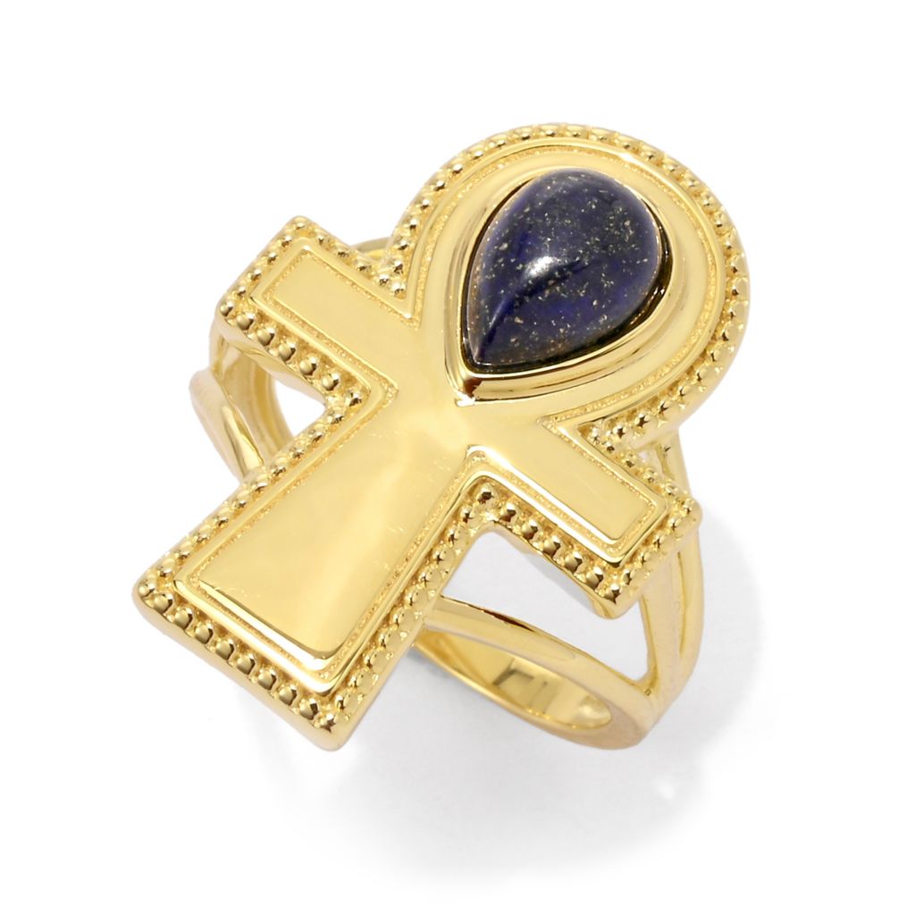 Passport to Egypt 18K Gold Plated 8x6mm Pear Shape Lapis Ankh Cross Ring