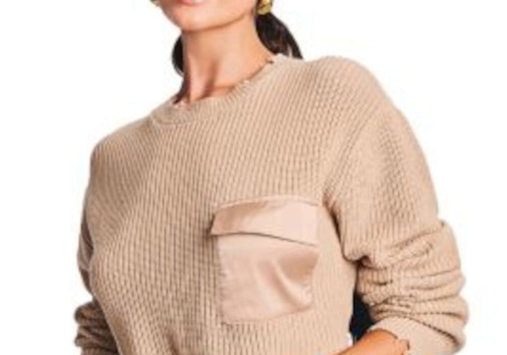 Ser.o.ya Womens Beige Pocketed Distressed Long Sleeve Crew Neck Crop Top Sweater Tan Size M