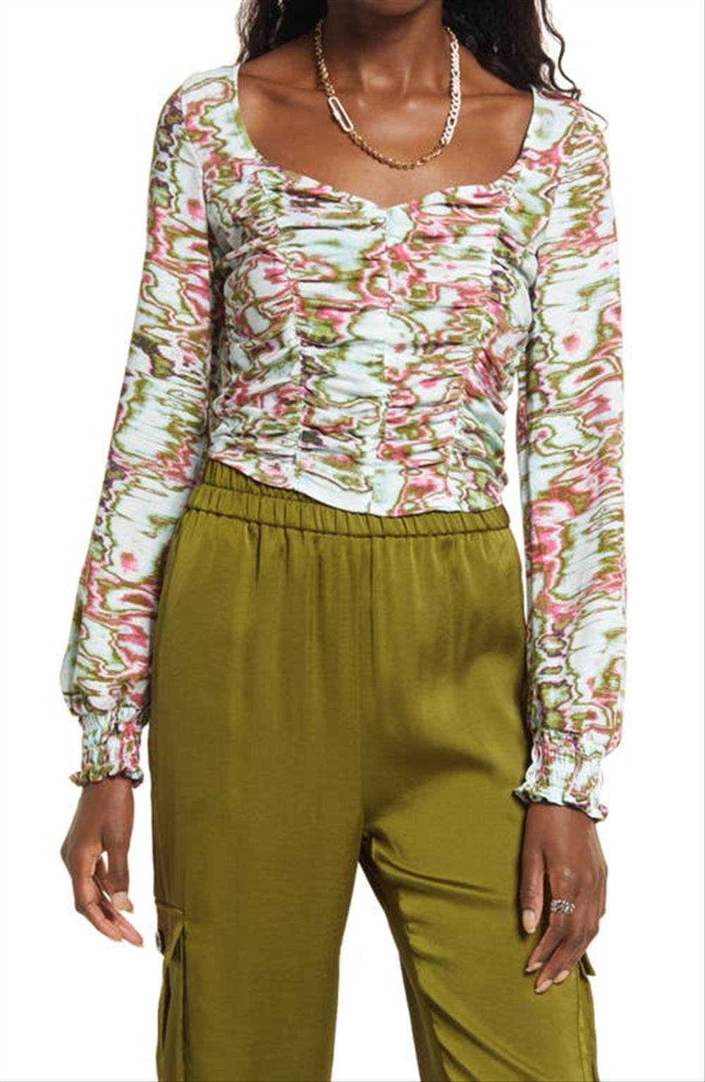 Medium Size Open Edit Ruched Blue-Green Ripple Crop Top