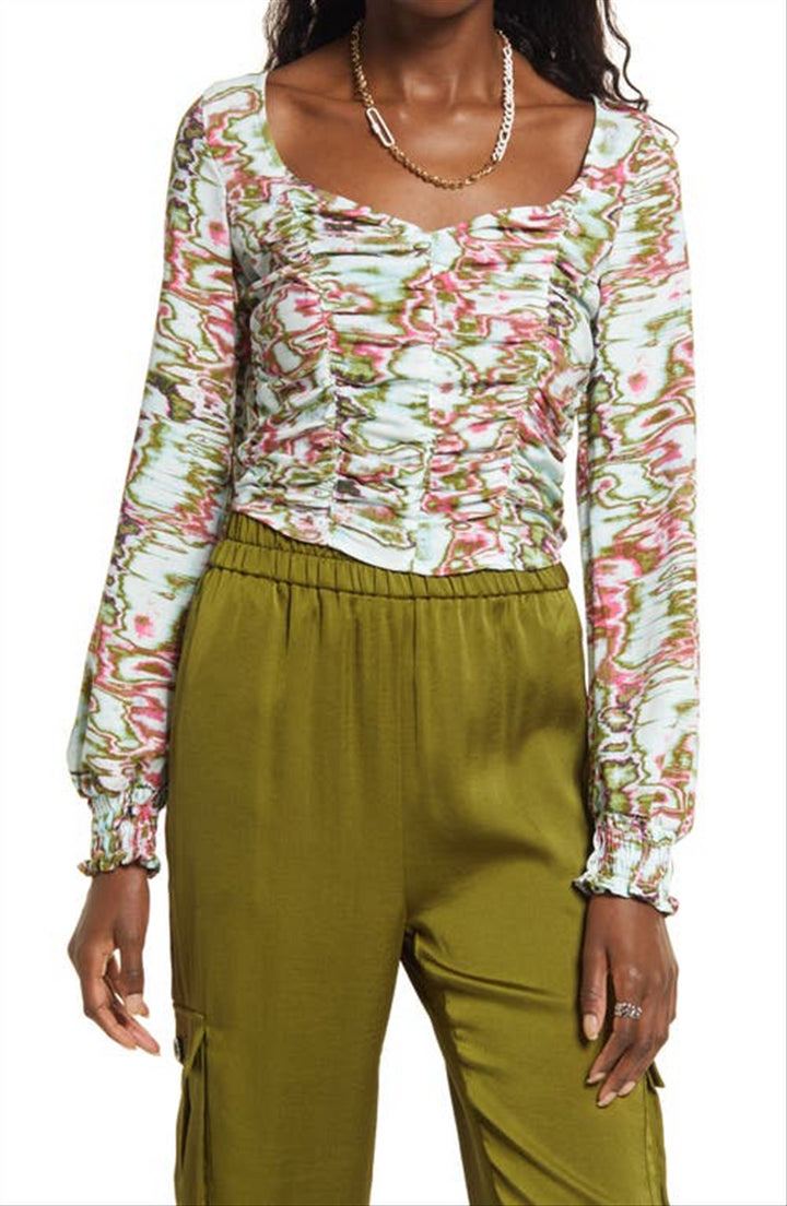 Medium Size Open Edit Ruched Blue-Green Ripple Crop Top