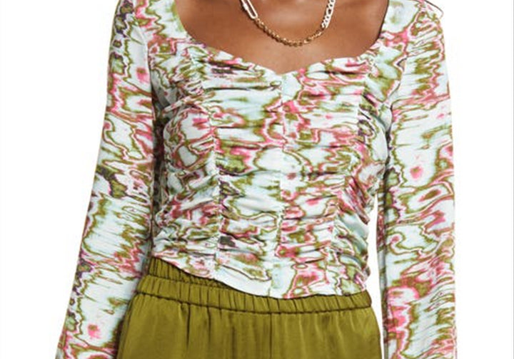 Medium Size Open Edit Ruched Blue-Green Ripple Crop Top