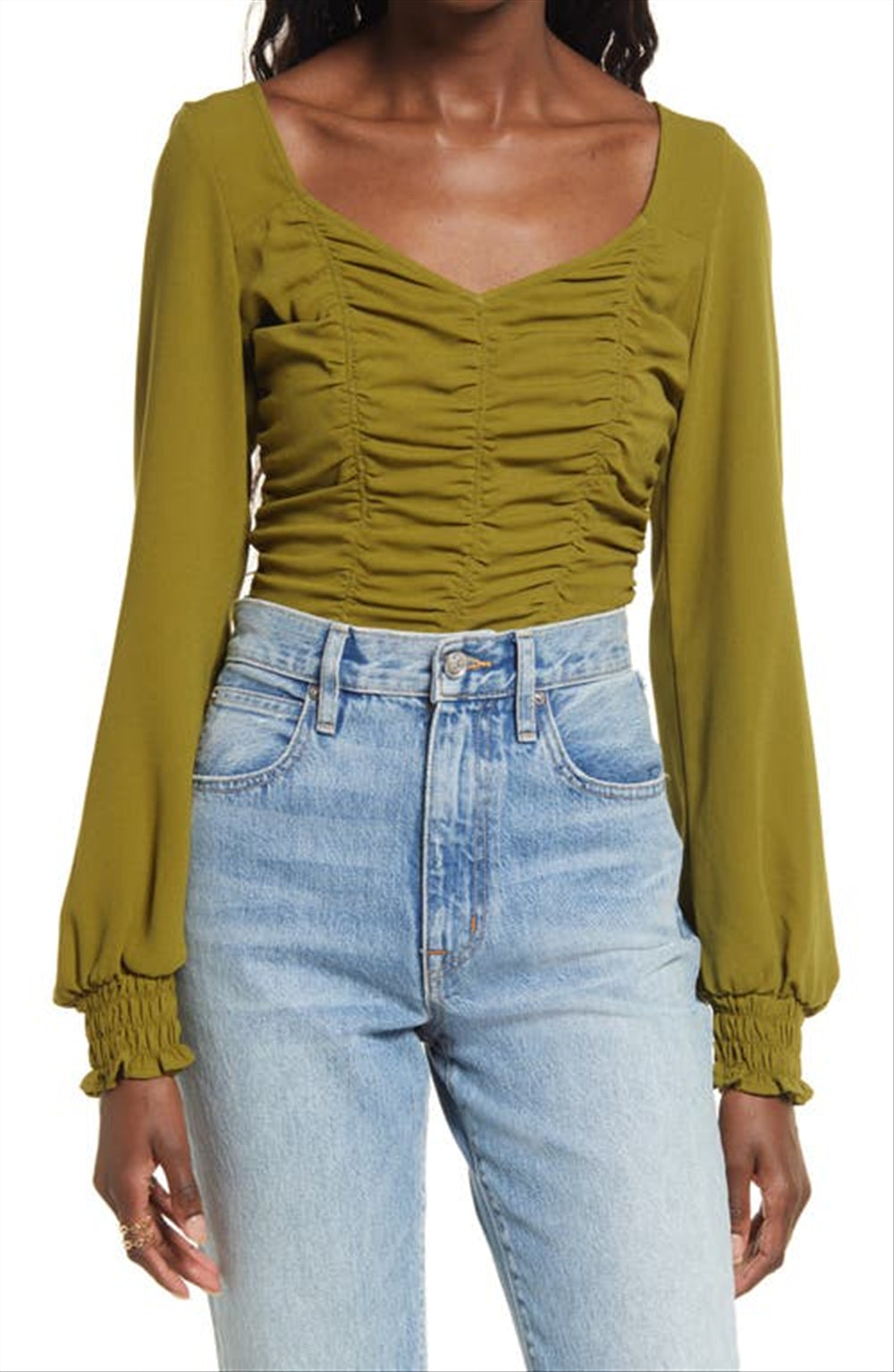 Open Edit Small Size Olive Avocado Ruched Crop Top