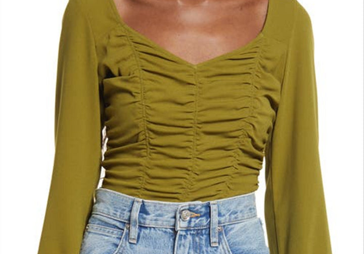 Open Edit Small Size Olive Avocado Ruched Crop Top