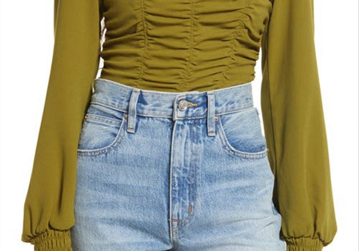 Open Edit Small Size Olive Avocado Ruched Crop Top