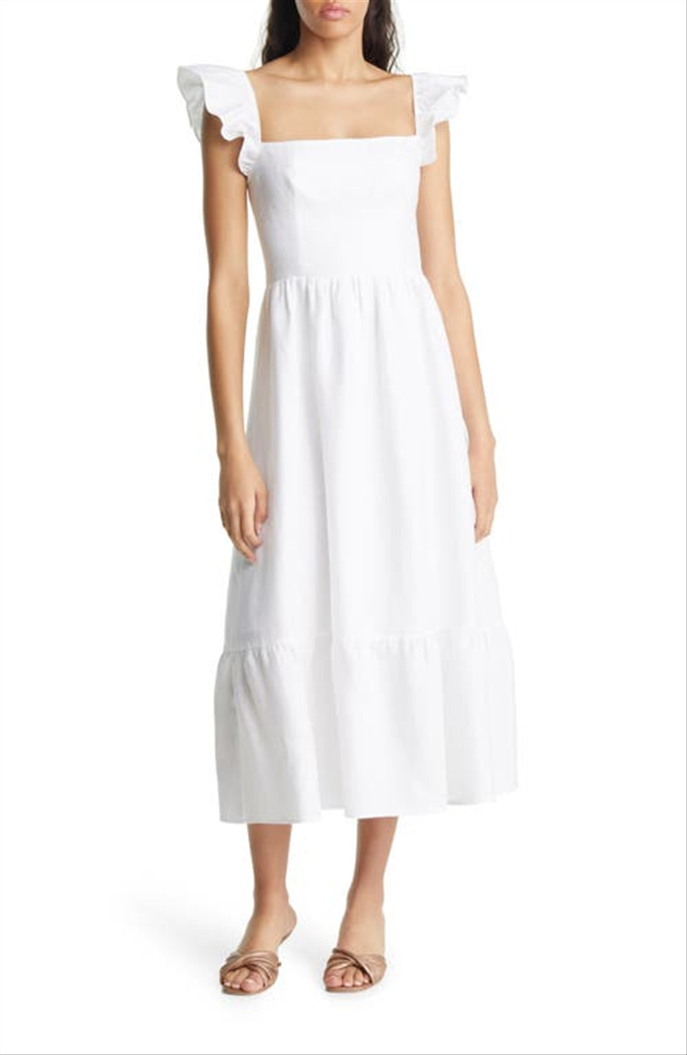 Reformation Lucila Ruffle Linen Dress in White , Size 6