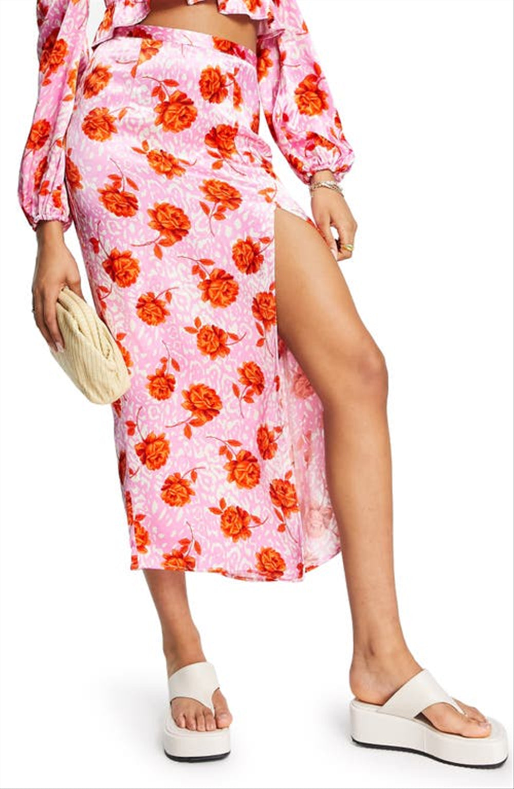 Topshop Pink Floral Satin Midi Skirt Size 6 Us