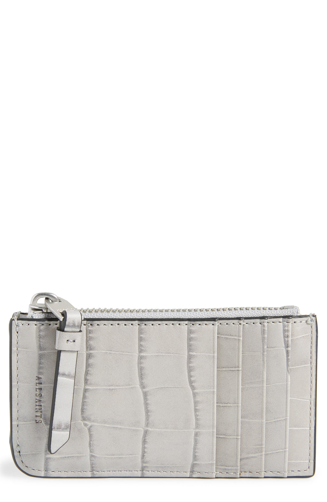 Women's Allsaints Little Marlborough Croc Embossed Card Case Gray